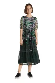 Desigual Perugia Watercolour Floral Mesh Floaty Midi Dress Style 21WWVK53
