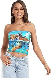 [RPLIFE] Cute Cat Tiger Fish Blue Summer Tube Tops, Strapless Cami, Mesh Tube Tops, Trendy Crop Tops (S)