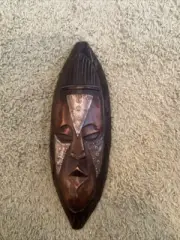 African Wall Mask Handcrafted In Ghana w/Aluminum Accents Dark Stained Wood 14”