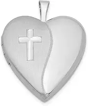 [JewelryWeb] 925 Sterling Silver Holds 2 photos Polished and satin 20mm Religious Faith Cross-Satin-Polished Love Heart Locket