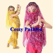 Girls Belly Dance Costume Bollywood Chiffon Sequins Head Scarf Yellow Red Pink
