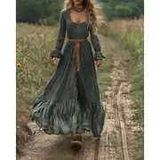 Women's Long Dress Maxi Dress Boho Dress Western Dress Vintage Fashion Outdoor Vacation Holiday Regular Fit Plain Long Sleeve Square Neck Green Summer