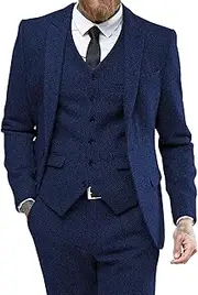 [JEShifangjiusu] Tweed Herringbone Wedding Suit Tuxedos Ball 3 Pieces Peak Lapel Wedding Dress Jacket Vest Pants Evening Outfit, Blue, M
