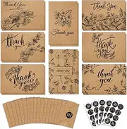 Paper Master 144 Bulk Thank You Cards, 4x6 inch Brown Kraft Note Cards with Envelopes & Stickers, 8 Elegant Designs Blank Greeting for Wedding, Baby Shower, Graduation, Business and More