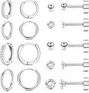 [Sanfenly] 9 Pairs Earrings Sets for Multiple Piercing Hypoallergenic 14K Gold Plated Small Huggie Hoop Earrings for Women Tiny Ball CZ Gold Flat Back Stud Earrings for Women Lobe Helix Cartilage Earrings