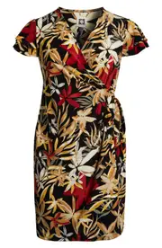 Anne Klein Floral Print Flutter Sleeve Wrap Dress in Anne Black Multi at Nordstrom, Size 1X