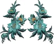 3 x 5.13 inches. Blue Green Teal Flowers Pair Floral Embroidered Appliques Iron-on Patches