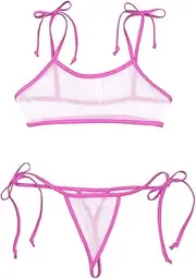 [TiaoBug] Women See Through Micro Bikini Mesh Micro Bra Top with G-String Thong Bathing Suit Mini Swimwear
