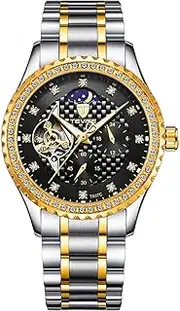 [carlien] Men Diamond Business Automatic Mechanical Watches Waterproof Moon Phase Luminous Wristwatches