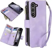 [GoshukunTech] for Samsung Galaxy Z Fold5 5G Wallet Case with 9 Card Holders,for Galaxy Z Fold5 Case Zipper Coin Pocket PU Leather Flip Cover Kickstand Protective Phone Purse with Wrist Strap-Purple