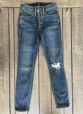 J CREW Women's 9" MID-Rise Skinny Button-Fly Jeans Distressed XS Wash Sz 24