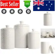 Stylish 3-Piece Embossed Canister Set for Sugar, Flour, Coffee - White Ceramic