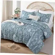Quilts Queen Size Bed Spread Botanical 3 Pieces Queen /Full Mineral Blue