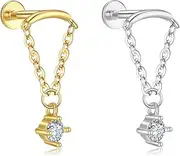 [ALRNBY] Gold Helix Earrings for Women Flat Back Earrings Hidden Helix Earring Dangle Drop Tassel Chain Earring 2Pcs Cartilage Studs Silver Cubic Zirconia Sparkling Earrings Opal Jewelry
