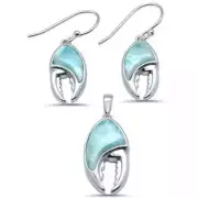 Natural Larimar Lobster Claw .925 Sterling Silver Pendant & Earring Set