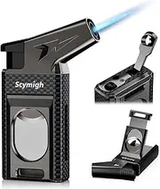 All-in-one Torch Lighter with Straight Cutter, Built-in Punch, Powerful Windproof Jet Flame, Multifunctional Travel Accessories, Gifts for Men, Refillable Butane Lighters for Candle (Without Fuel)