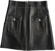 [Haitpant] Women Harajuku Leather Skirt A-Line Sexy Mini White Dress Chic Bright Line Zipper Pocket Skirt