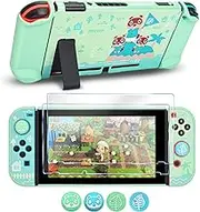 DLseego Protective Case Compatible with Switch Model, Newest Pattern Animal Crossing Design Cover Case with 2 Pcs Glass Screen Protectors and 4 Pcs Cute Thumb Grip Caps Green Accessories Set
