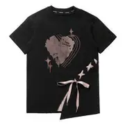 Short-Sleeve Round Neck Heart Print Lace Up T-Shirt / Sleeveless Faux Leather Strap Round Neck Lettering Print Crop Hoodie with Arm Sleeves / Cami Top / Drawstring Waist Straight Leg Sweatpants / Drawstring Waist Striped Mini Skort 23W119 - T-Shirt - Black - M