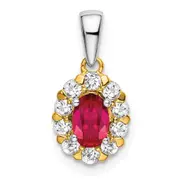 Solid 14k Two-tone Oval Simulated Ruby and CZ Halo Pendant
