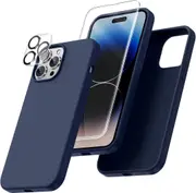 For iPhone 14 Pro Max Silicone Case with Screen Protector & Camera Lens Protector [Set Of 3] 360 Protection Pack for iPhone 14 Pro Max 6.7", Navy Blue