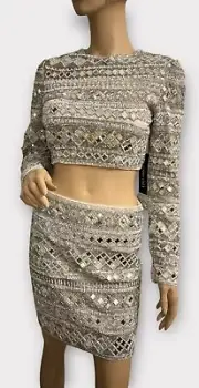 White & Silver Two Piece Sherri Hill Gown Full Beaded Crystal 4 FREE SHIPPING