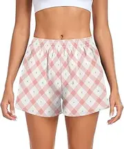 [FRODOTGV] White Pink Checkerboards Women's Athletic Shorts Ouick Dry Pajama Shorts for Outdoor Indoor Fitness Work Out S