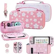 RHOTALL Two-Color Cherry Blossom Carrying Case for Nintendo Switch, Potable Storage Case with Protective Shell, Screen Protector, Adjustable Shoulder Strap and 2 Thumb Caps