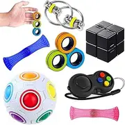 Sensory Fidget Toys Set 7 Pack. Stress Relief and Anti-Anxiety Tools Bundle with Fidget Pad, Flippy Chain, Infinity Cube, Fingears Magnetic Rings and More, Fidgeting Game for Kids and Adults Kill Time