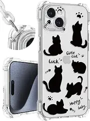 Toycamp for iPhone 13 Case with Strap for Women - Cute Funny Girls Girly Six Cats Pattern Design for iPhone 13 Case with Wrist Lanyards Four Corners Flexible Hang Style