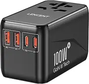 LENCENT Universal Travel Adapter, 100W GaN 3 International Adaptor with 2 QC 4.0 USB-A+2 PD 3.0 Type-C PPS Fast Charging, Worldwide Wall Charger for Mobile Phone, Plug Adapter USA/Japan/UK/EU/AU Black