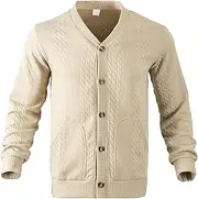 [Qolkmuiy-GJ] Mens Fashion Rib Cable Knitted Cardigan Shawl Long Sleeve Knitted Clothing Stand Collar Button Open Sweater