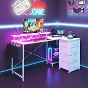 Advwin White L Shaped Gaming Desk 140cm Convertible Corner Computer Desk with Monitor Stand Gaming Table with Drawers