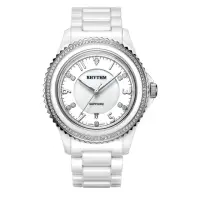 在飛比找momo購物網優惠-【RHYTHM 麗聲】璀璨奢華鑲鑽日期顯示窗格陶瓷腕錶(白/