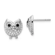 Sterling Silver Rhodium-Plated Black & White Cz Owl Earrings