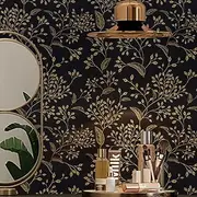Fiula Black and Gold Wallpaper Delicate Leaves Peel and Stick Wallpaper17.3''X197''Black Wallpaper Decorative Shelf Drawer Liner Roll Waterproof
