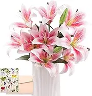 SNAIL GARDEN 12 Heads Artificial Lily Flowers - Long Stem With 9 Full Bloom & 3 Buds - Faux Tiger Lily Bouquets for Home, Hotel, Party Decor (Pink White)