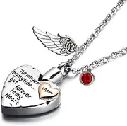 KBFDWEC Heart Cremation Urn Necklace for Ashes Wing Pendant Jewelry and Birthstones No Longer by My Side But Forever in My Heart