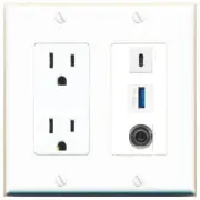 3 Port Power Outlet Cover Plug Jack UL 2 Gang 3-5MM USB-3 USBC Wall Plate