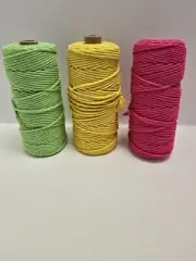 Lot of 3 Colored Macrame Cord Cotton 4mm x 109 Yds. Green Yellow Pink