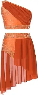 [Kvysinly] Kids Girls Shiny One Shoulder Jazz Lyrical Ballet Dance Crop Tops with Skirted Briefs Set Competition Costume