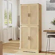Redlife 72" Tall Kitchen Pantry with Rattan Doors, Farmhouse Rattan Pantry Storage Cabinet with Organizer, Rustic Wood Cupboard for Kitchen, Dining Room (Natural)