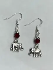 Small Elephant Charm Earrings with Red Crystal Accent Beads FREE SHIPPING