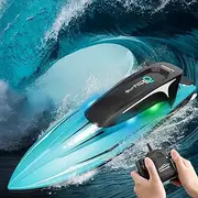 B-Qtech Remote Control Boat 2.4GHz RC Boat 25KM/H High Speed RC Racing Boat with Lights 2 Batteries Anti-Collision, Swimming Pools/Lakes/Ponds Toys Gifts for Adults and Children