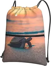 EdWal Sea Turtle Sunset Print Drawstring Backpack Gym Bags Sports Bags With Zipper Pocket For Travel Beach, Black, One Size