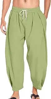 [HanzhuoLG] Men's Cotton Linen Harem Trousers Plus Size Solid Color Casual Loose Pants Yoga Beach Cropped Pants Green XL