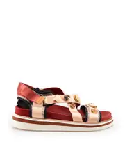Red Gemstone Cross Strap Flat Sandals