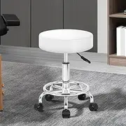 [ALFORDSON] Salon Stool Kori Round Swivel Drafting Rolling Stools in 51.5-68.5cm Height Adjustable PU Leather Spa Stool with Footrest Wheels Backless Hair Dress Barber Chair for SPA Massage White