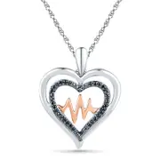 0.13 CT. T.W. Enhanced Black Natural Diamond Double Heart with Heartbeat Pendant in Sterling Silver and 10K Rose Gold