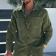 Men's Shirt Casual Shirt Work Shirt Corduroy Shirt Button Up Shirt Black Army Green Dark Gray Long Sleeve Plain Lapel Vacation Holiday Pocket Clothing Apparel